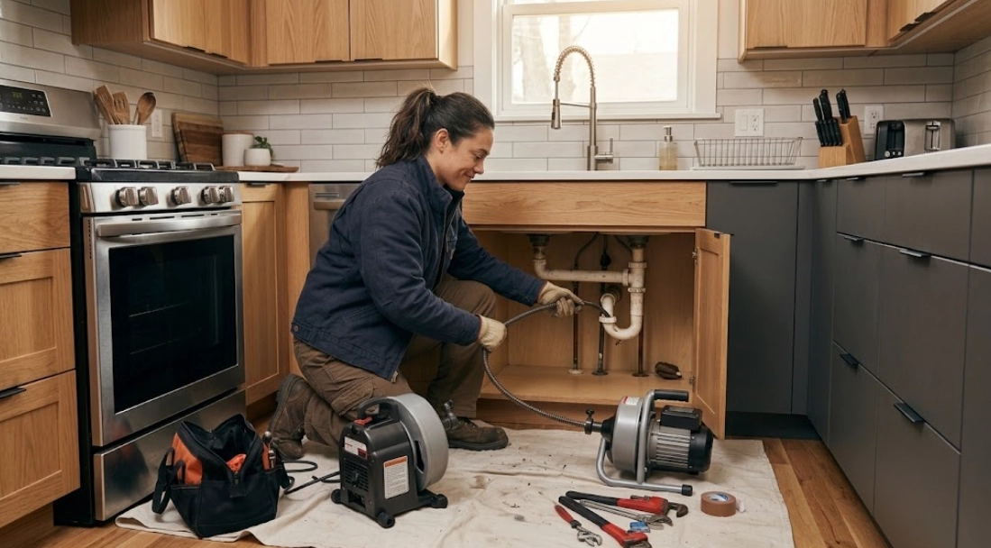 Plumber clearing a clogged kitchen sink drain with professional motorized snake in Greenwich Village Manhattan