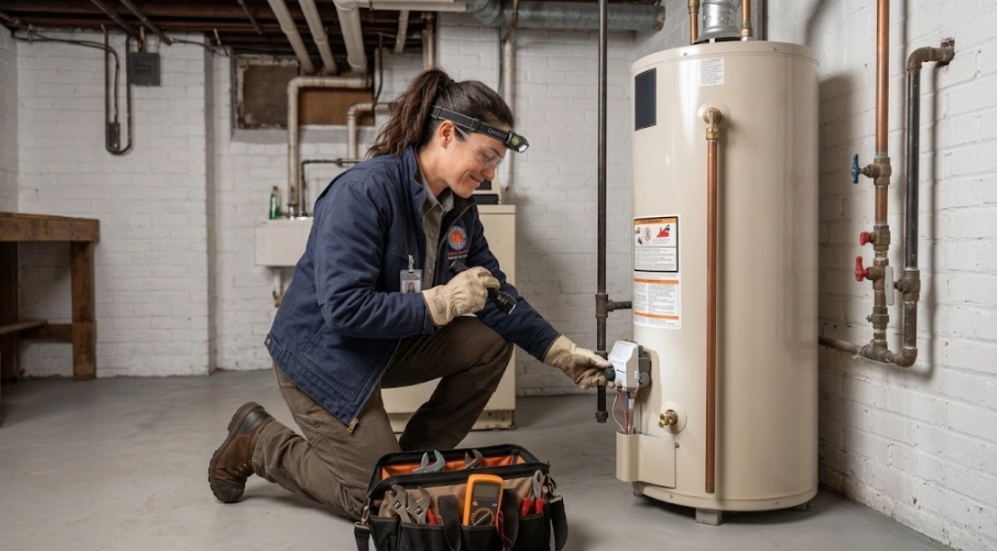 Plumbing technician testing thermostat and gas burner assembly during water heater repair Greenwich Village Manhattan